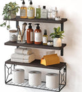 Amada Bathroom Shelves Over Toilet with Storage Basket, Floating Bathroom Wall Shelves for Home Organization & Wall Decor, Bathroom/Kitchen/Living Room Shelves–Rustic Brown
