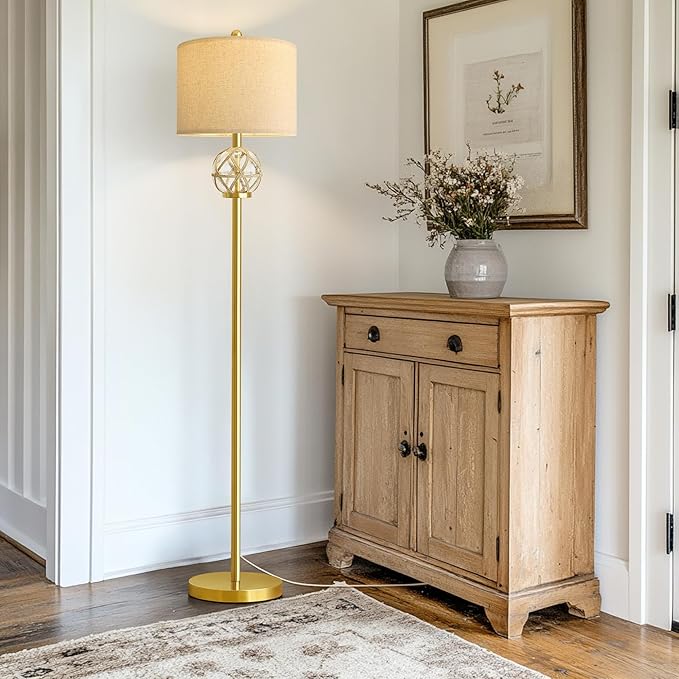 Oneach 61.5" Modern Floor Lamp for Living Room, Gold Boho Standing Lamp with Rattan Glass Design, Rotary Switch, Farmhouse Tall Lamps for Bedroom Office Dining Room (Without Bulb)