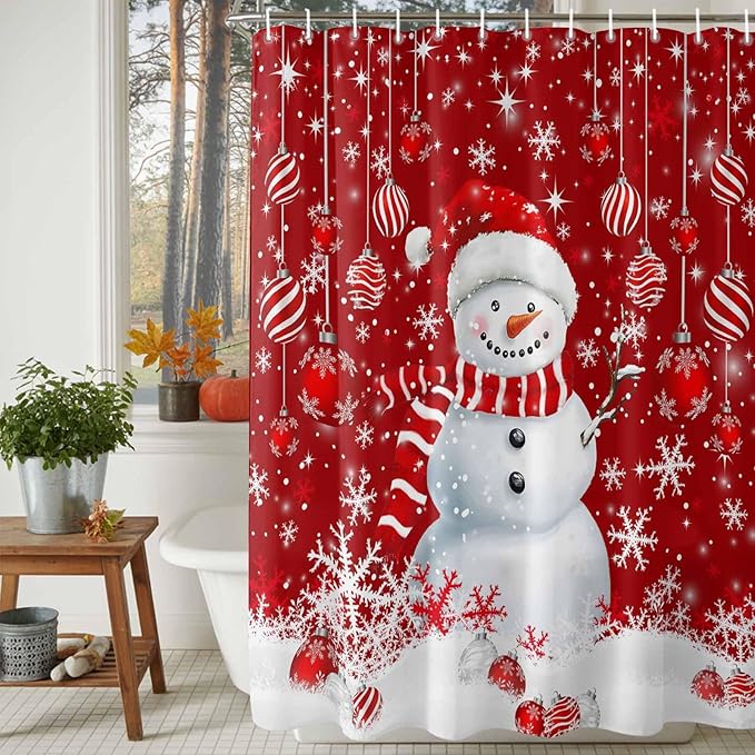 Vandarllin Christmas Shower Curtain, Snowman Shower Curtains Set with Hooks, Snowflake Red Christmas Balls Waterproof Bathroom Curtains Xmas Holiday Decor Home Accessories,Stall Long 36 X 78