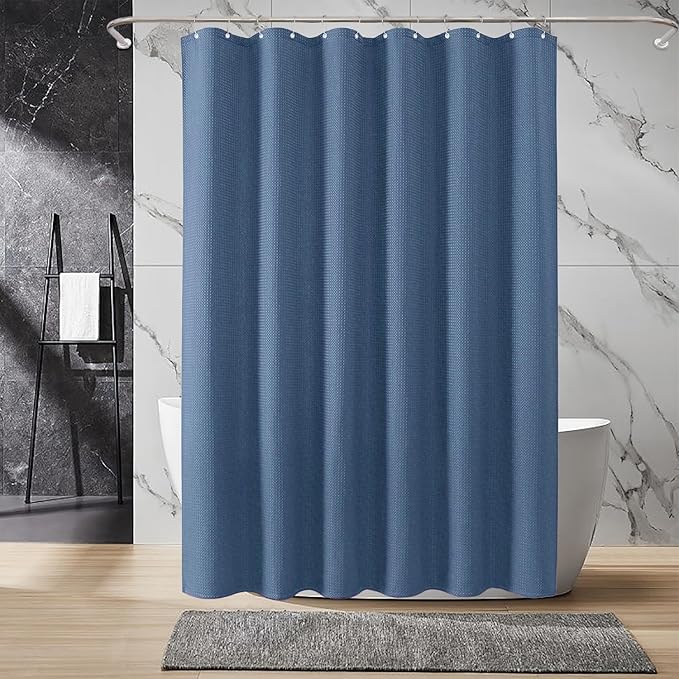 Inhousolu Fabric Shower Curtain Waffle Weave, Moonlight Blue 230 GSM Heavy Duty, Weighted Hem, 14 Metal Hooks, Water Repellent, Machine Washable, Hotel Spa Luxury Bath Curtain Set, 72 x 84 Inch