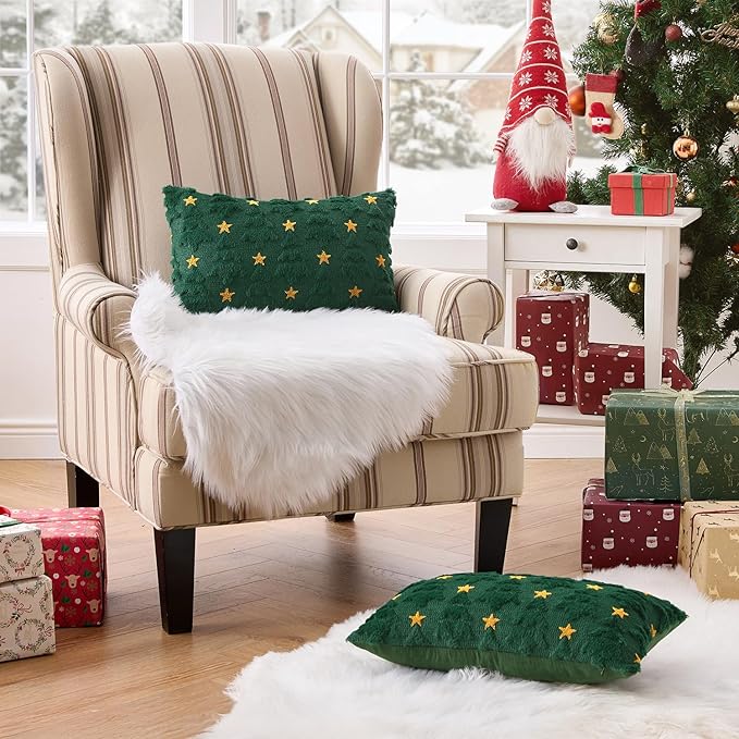 MIULEE Christmas Pillow Covers 12x20 Inch Set of 2, Dark Green Christmas Tree Plush Faux Fur Pillowcases Soft Decorative Throw Pillow Cases for Couch Sofa Living Room Winter Xmas Holiday Home Decor
