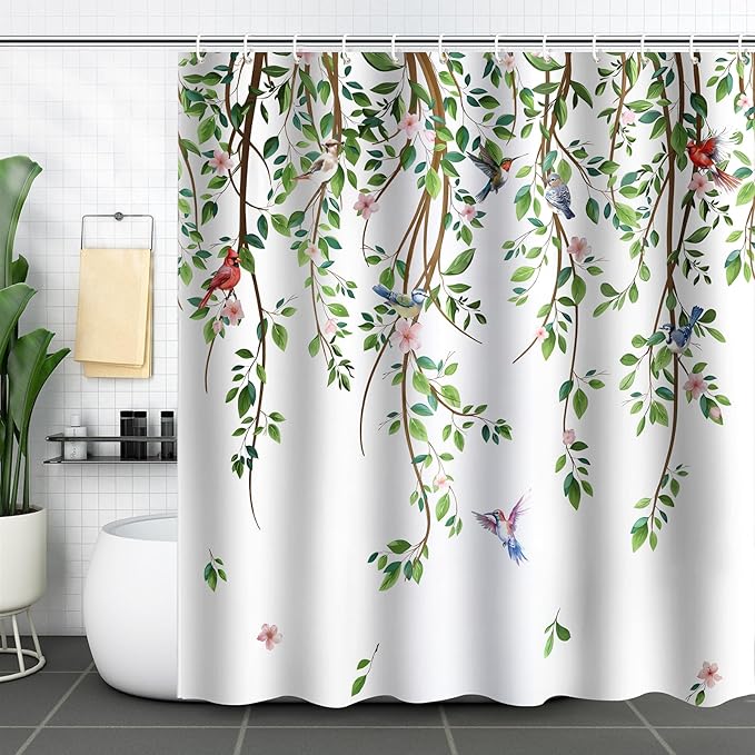 Green Leaves Birds Shower Curtain Hanging Vine Plant with Floral Shower Curtains for Bathroom Waterproof Polyester Fabric Bath Curtain 72 x 72 Inch with 12 Hooks