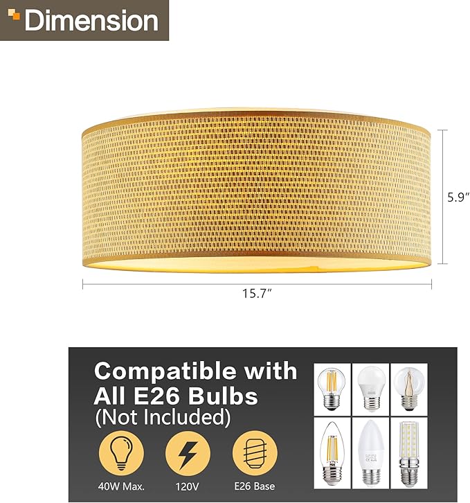 WINGBO 15.7" Modern 3-Light Flush Mount Ceiling Light Fixture with Fabric & Acrylic Double Drum Shade for Bedroom Living Room Dining Room Hallway Entryway, Flaxen