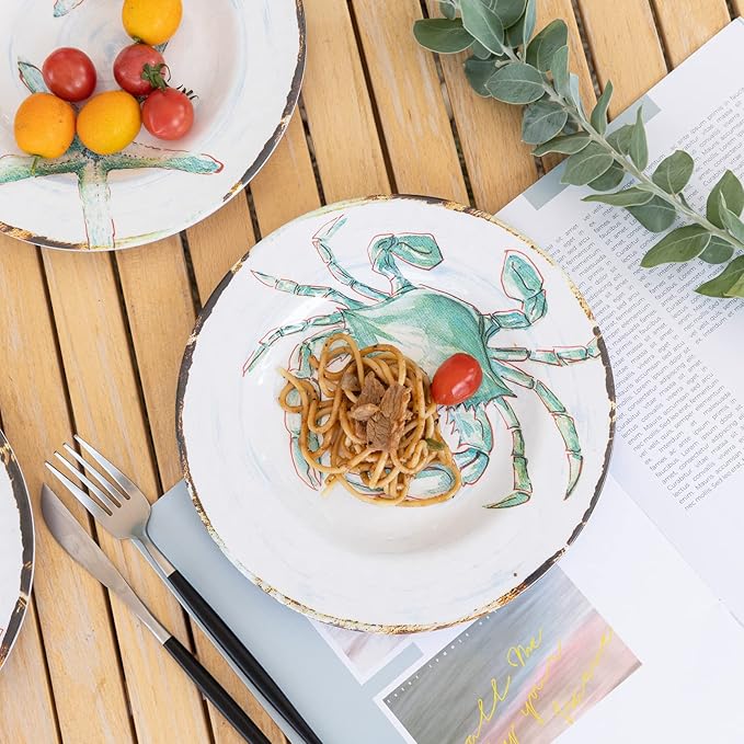 Melamine Salad Plates Set of 4, Salad/Dessert Plate for Outdoor/Indoor Use, Shatterproof, BPA Free, Dishwasher Safe Small Dinner Plates, Marine Life