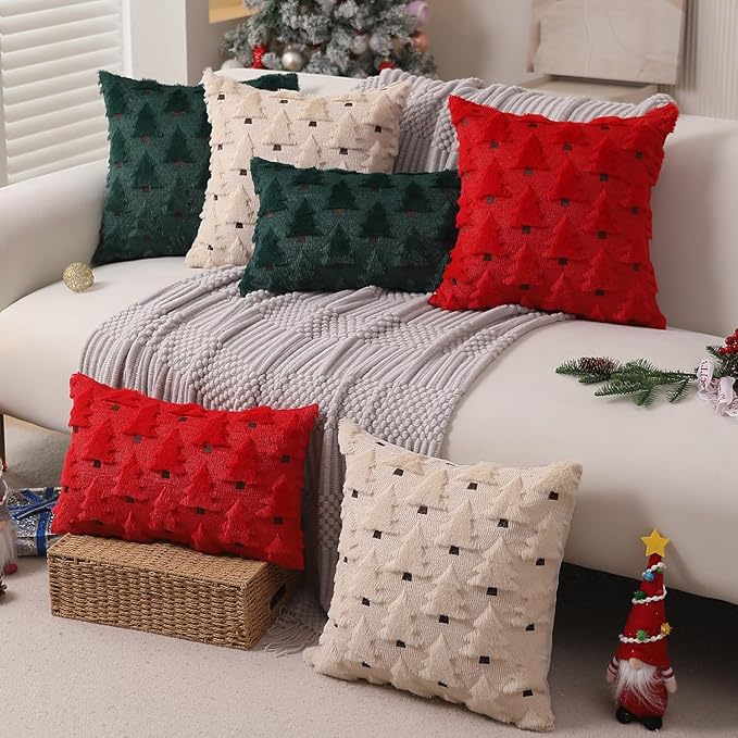 Christmas Pillow Covers 26x26 inch Set of 2 Christmas Decorations Soft Plush Faux Fur Wool Beige Xmas Tree Throw Pillow Cases Winter Holiday Decor for Sofa Living Room PT002C26