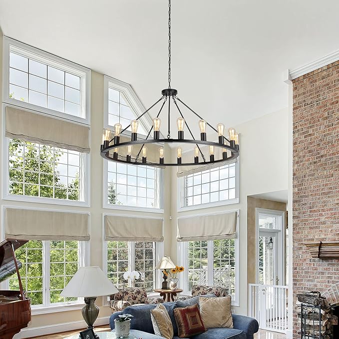 Wagon Wheel Chandelier, Large Black Farmhouse Chandelier for Dining Room Light Fixture, 20-Light 48 Inch Extra Hanging Lighting for High Ceilings Living Room Kitchen Island Foyer Villa