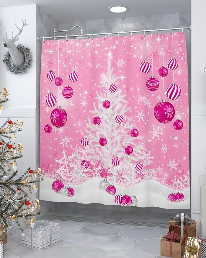 Pink Christmas Shower Curtain, White Xmas Tree Snowflakes Pink Balls Shower Curtains Set with Hooks, Winter Waterproof Fabric Bathroom Curtains Decor Home Accessories,72 X 84 Inch Extra Long