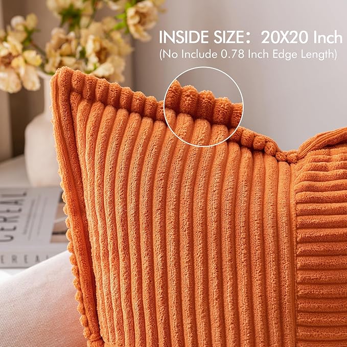 MIULEE Orange Fall Decorative Throw Pillow Covers for Couch Bed Livingroom 20x20 Inch Set of 2 Boho Accent Throw Pllows Broadside Striped Patchwork Soft Corduroy Pillowcases