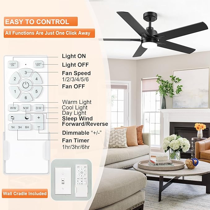 YUHAO 48 Inch Black Ceiling Fan with Light and Remote Control.Noiseless,Dimmable, 3CCT,6 Speeds Reversible, Modern DC Ceiling Fans for Indoor Use