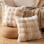 Pack of 2 Thick Plush Throw Pillow Covers Fluffy Wave Faux Fur Decorative Cushion Covers Soft Wool Pillowcase for Sofa Couch Livingroom 24x24 Inch White Beige