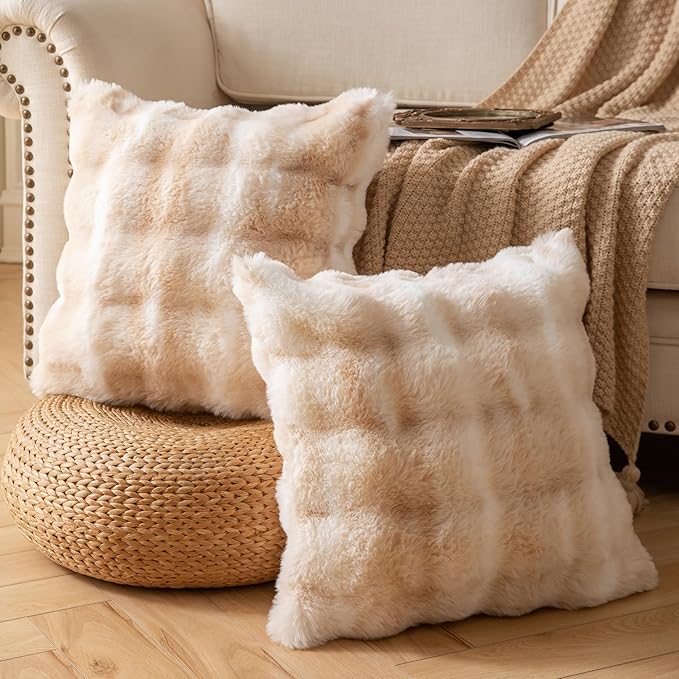 Pack of 2 Thick Plush Throw Pillow Covers Fluffy Wave Faux Fur Decorative Cushion Covers Soft Wool Pillowcase for Sofa Couch Livingroom 22x22 Inch White Beige