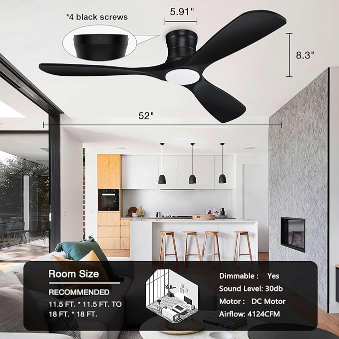 52” Smart Wood Low Profile Ceiling Fan with Lights Remote,Quiet DC Motor,Outdoor Indoor Flush Mount Ceiling Fans Controlled by WIFI Alexa App,Modern Black for Bedroom Living Room Patio Porch