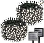 Solar String Lights Outdoor Waterproof 2PK 200LED 66FT Twinkle Lights Auto On/Off Solar Powered LED Fairy Light Green Wire with 8 Modes for Christmas Tree Party Wedding Garden Decoration (Cool White)