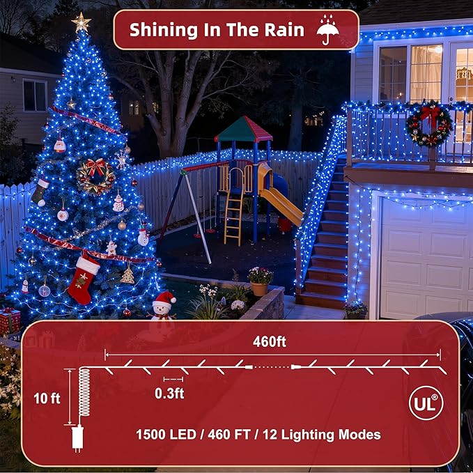 470ft Outdoor Christmas Lights, 1500 LED Super Long String Lights 12 Modes & Timer Memory, Dimmable Outsite Waterproof Light Strings for Xmas Tree Garden Wedding Party Holiday Decorations Blue