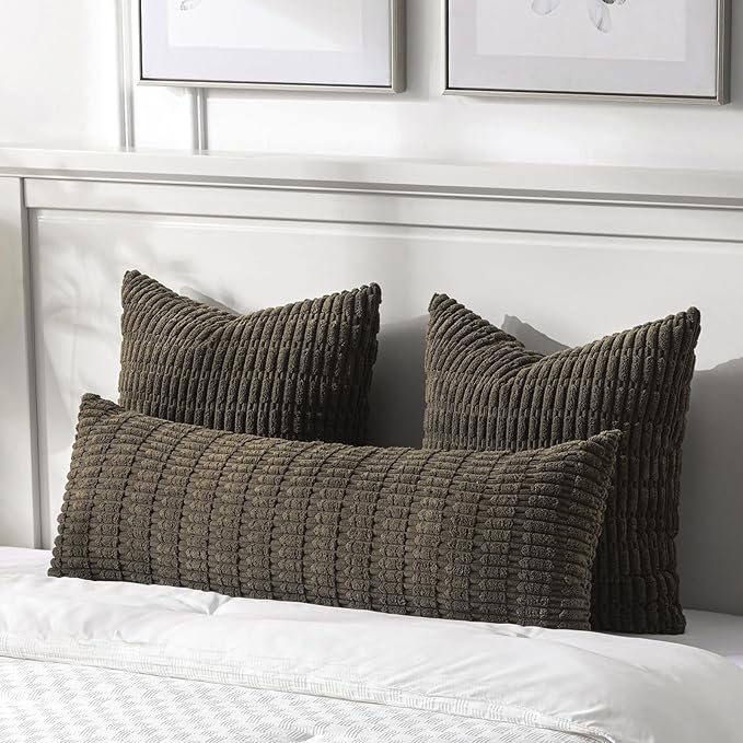 Fancy Homi Dark Brown Long Body Lumbar Decorative Throw Pillow Covers 20x54 Inch for Bed Couch Bedroom Bench, Soft Corduroy Rectangle Solid Pillow Case, Rustic Farmhouse Boho Room Decor