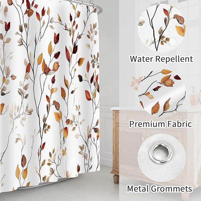 Brown Eucalyptus Leaves Shower Curtain Fall Leaf Floral Shower Curtains for Bathroom Waterproof Polyester Fabric Bath Curtain 72 x 72 Inch with 12 Hooks