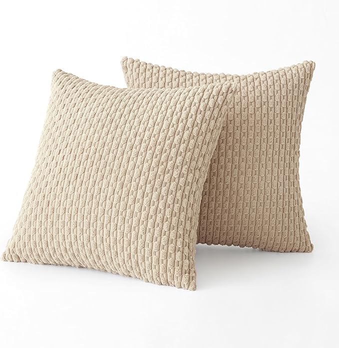 MIULEE Pack of 2 Decorative Throw Pillow Covers 18x18 Inch Soft Boho Striped Textured Corduroy Pillow Covers Modern Farmhouse Home Decor for Couch Bed Sofa Living Room Beige