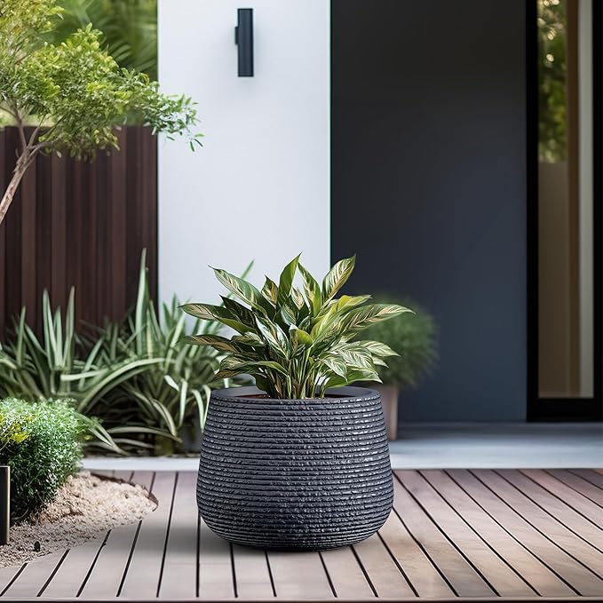 Kante 18.1" Dia Round Fluted Planter with Surface Indentations, Large Flower Pot with Drainage Hole for Indoor & Outdoor Plants, Charcoal Finish with Warm Brown Interior