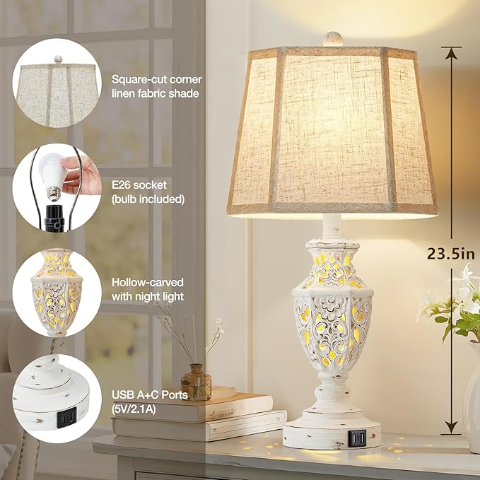 Lamps for Night Stands Set of 2-23.5" Boho Bedside Lamp with USB A+C and Nightlight - Cream Rustic Carved Resin Farmhouse Table Lamp for Bedrooms, End Tables, Living Room, Bulbs Included