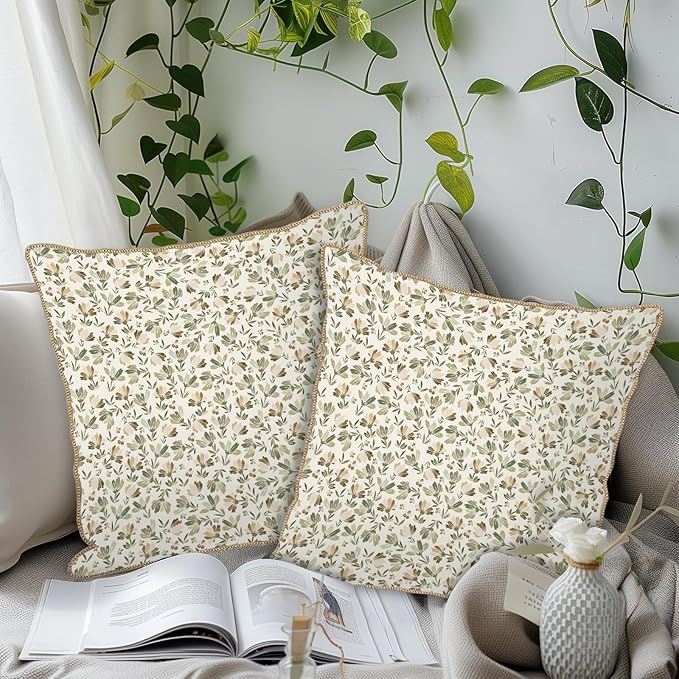 KSLIDS Sage Green Beige Floral Soft Velvet Throw Pillow Covers Set of 2 Vintage Brown Flower Decorative Pillow Covers 16x16 Inch Rustic Pillow Case for Sofa Couch Bedroom Farmhouse Home Decor