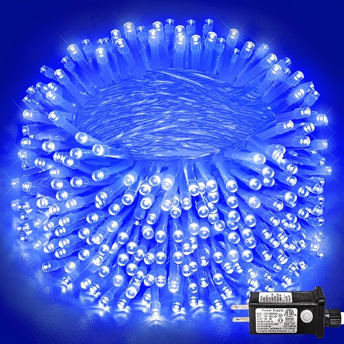 600 LED Blue Christmas Lights Outdoor 197ft Blue String Lights Clear Wire 8 Modes Plug in Waterproof Fairy String Light for Indoor Christmas Tree Bedroom Decorations