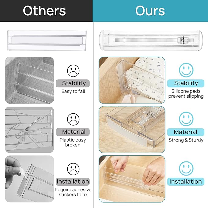 Vtopmart 8 Pack Drawer Dividers for Clothes, 4" High 10.2"-16.5" Adjustable Expandable Dresser Drawer Organizer, Clear Plastic Separators for Dresser, Baby Clothing, Underwear, Cosmetic, Toiletries