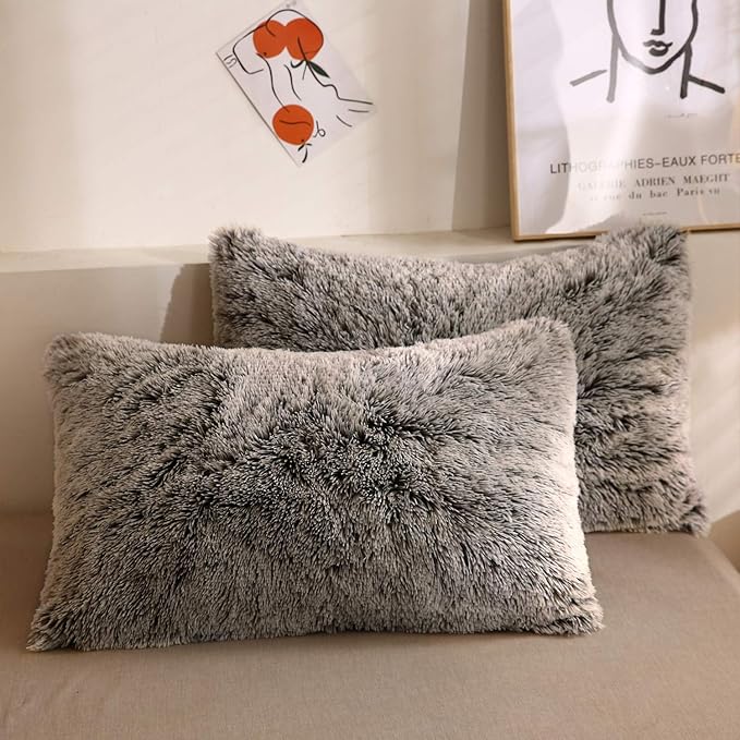 XeGe Faux Fur Throw Pillow Cases, Plush Shaggy Ultra Soft Pillow Covers, Fluffy Crystal Velvet Decorative Pillowcases, Furry Fuzzy Pillow Shams Zipper Closure, Set of 2 (King, Dark Gray Ombre)
