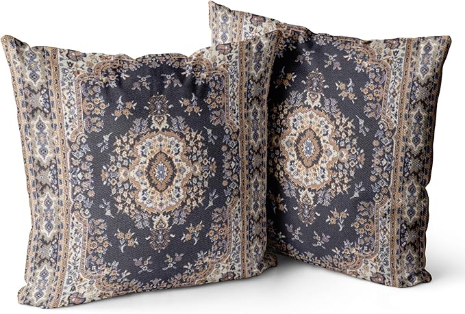 Snycler Boho Throw Pillow Covers 16x16 inch Set of 2 Black Medallion Border Area Rug Double Sided Pattern Cotton Soft Pillow Case Cushion Cover Pillowcase for Couch Sofa Bed Decorative