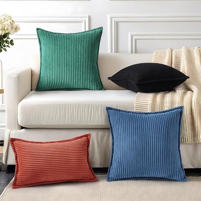 Mecatny Corduroy Throw Pillow Covers 16x16 Set of 2, Neutral Decorative Soft Boho Couch Pillow Covers with Broadside for Sofa Living Room, Navy
