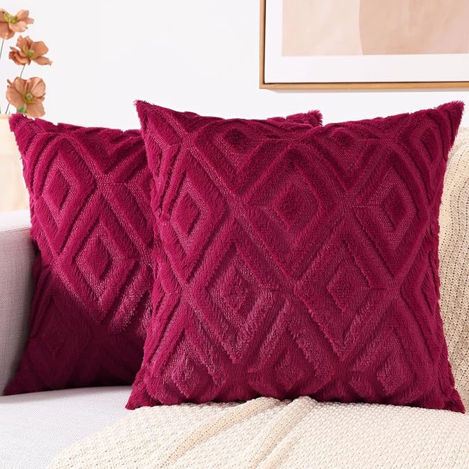 decorUhome Christmas Couch Throw Pillow Covers 20x20 Set of 2, Decorative Soft Plush Faux Wool Neutral Accent Pillow Covers for Bed Sofa Living Room, Burgundy