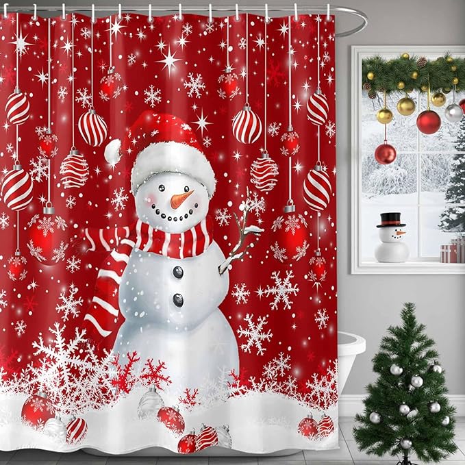 Vandarllin Christmas Shower Curtain, Snowman Shower Curtains Set with Hooks, Snowflake Red Christmas Balls Waterproof Bathroom Curtains Xmas Holiday Decor Home Accessories,72 X 78 Inch Long