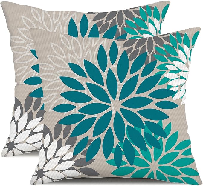 DFXSZ Dark Blue Green Outdoor Pillow Covers 18X18 Inch Set of 2 Spring Teal Flower Pillow Case Outdoor Waterproof Decor for Patio Funiture Garden Polyester Pillow Covers 002D18