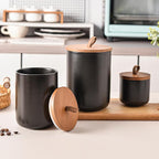 Black Ceramic Canister Set with Bamboo Lids, 3-Piece Airtight Food Storage Jars for Kitchen - Flour, Sugar, Coffee, Tea, Spice - Small, Medium, Large Sizes