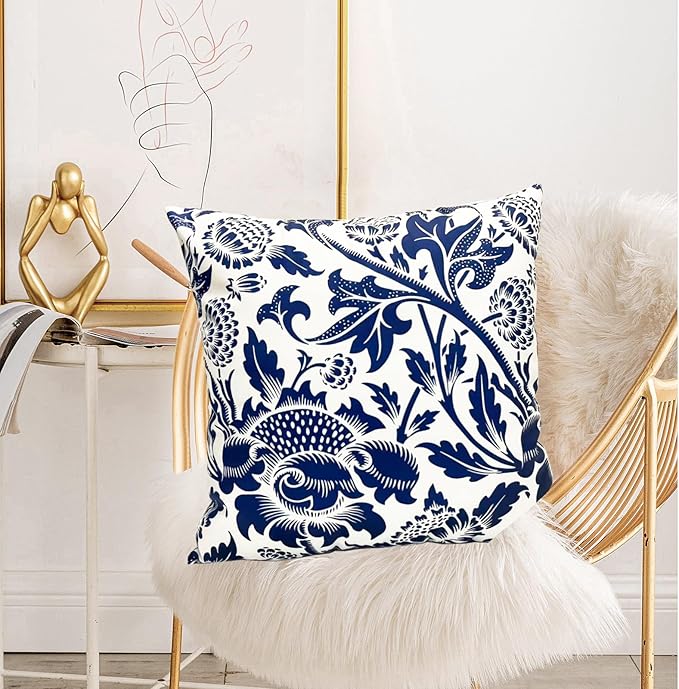 Decorative Throw Pillow Covers Set of 2 Blue Pillow Covers 20x20 inch Short Plush Square Pillows Cover Floral Throw Pillows,Farmhouse Outdoor Pillow Covers for Couch Sofa Bed Living Room
