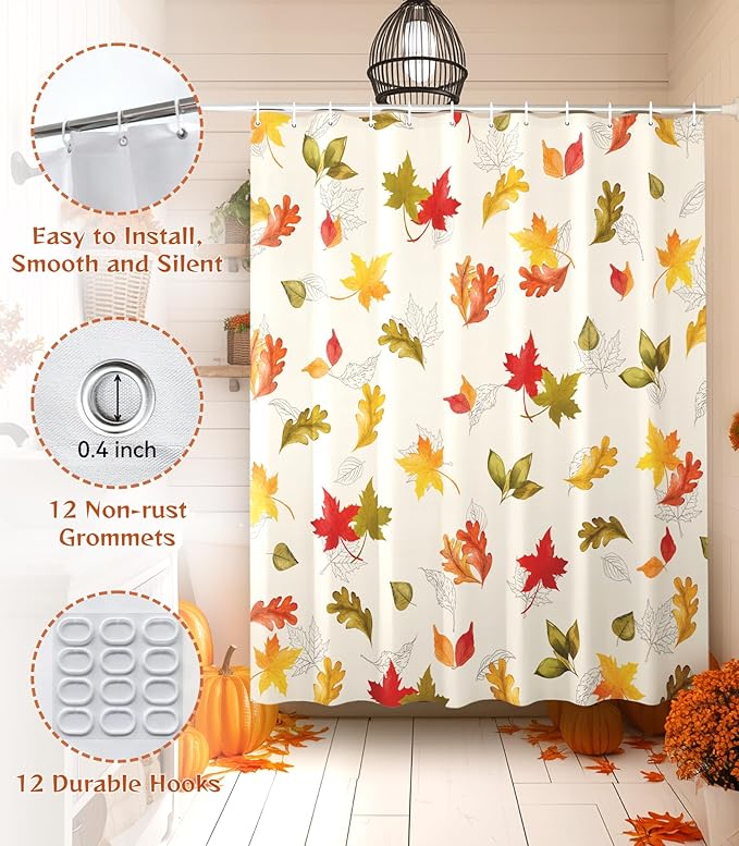 MAMUSE Fall Shower Curtain for Bathroom Stall Cute Decorative Waterproof Unique Design TeenWomen Cortinas de Baño Bathtub 72 x72 Inch, Red Leaves