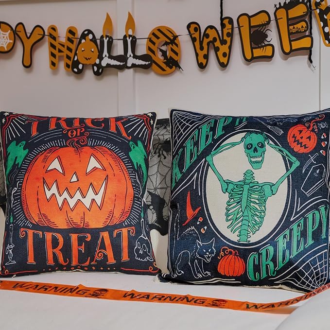 Vintage Halloween Decor-Throw Pillow Covers 18x18 in set of 4,Retro Linen Pillow Case with Scaredy Cats Pumpkins Skull Bats for Couch Fall Holiday Outdoor Burnt Orange Green Black Decorations