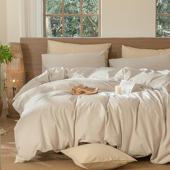 MooMee Striped Duvet Cover Set 100% Washed Cotton Linen Like Textured Breathable Durable Soft Comfy (Tannish Linen Grey White Pinstripes, Palatial King/Oversized King 120"x98")
