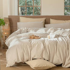 MooMee Striped Duvet Cover Set 100% Washed Cotton Linen Like Textured Breathable Durable Soft Comfy (Tannish Linen Grey White Pinstripes, Palatial King/Oversized King 120"x98")