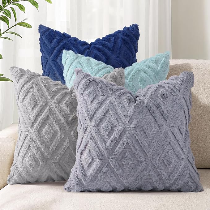 decorUhome Pack of 4 Faux Fur Throw Pillow Covers 20x20, Soft Decorative Couch Pillow Covers with Velvet Back for Modern Sofa Living Room, Grey/Blue