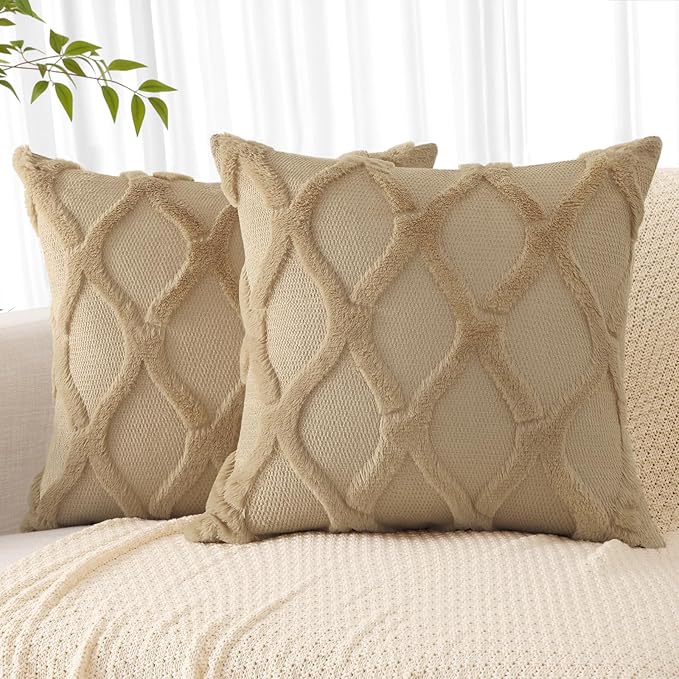 decorUhome Throw Pillow Covers 16x16 Inch Set of 2, Soft Plush Faux Fur Wool Khaki Couch Pillow Covers, Decorative Neutral Pillow Cases for Bed Sofa Living Room Home Decor