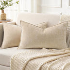 decorUhome Couch Throw Pillow Covers 12x20 Set of 2, Decorative Soft Euro Neutral Chenille Lumbar Pillow Covers with Elegant Design for Sofa Bed Living Room Home Decor, Beige