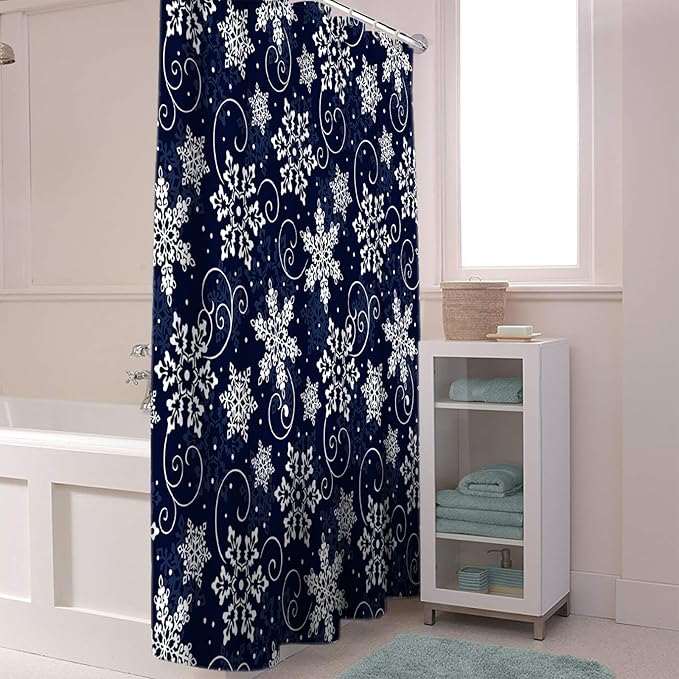 Vandarllin Christmas Shower Curtain, White Navy Snowflakes Pattern Shower Curtains Set with Hooks, Winter Waterproof Fabric Bathroom Curtains Decor Home Accessories,72 X 84 Inch Extra Long
