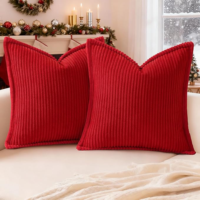 Mecatny Christmas Corduroy Throw Pillow Covers 18x18 Set of 2, Neutral Decorative Soft Boho Couch Pillow Covers with Broadside for Sofa Living Room, Christmas Red