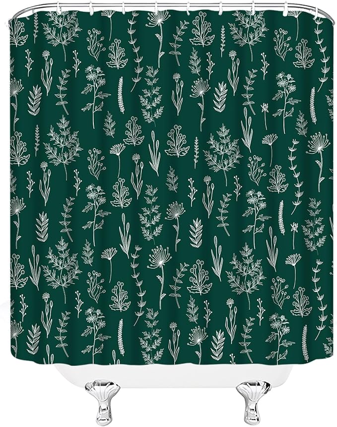 Emerald Green Botanical Shower Curtain Vintage Herbs Floral Farmhouse Cute Boho Leaves Plant Retro Flowers Bathroom Curtain Set with Hooks(74.8" Wx70 H)