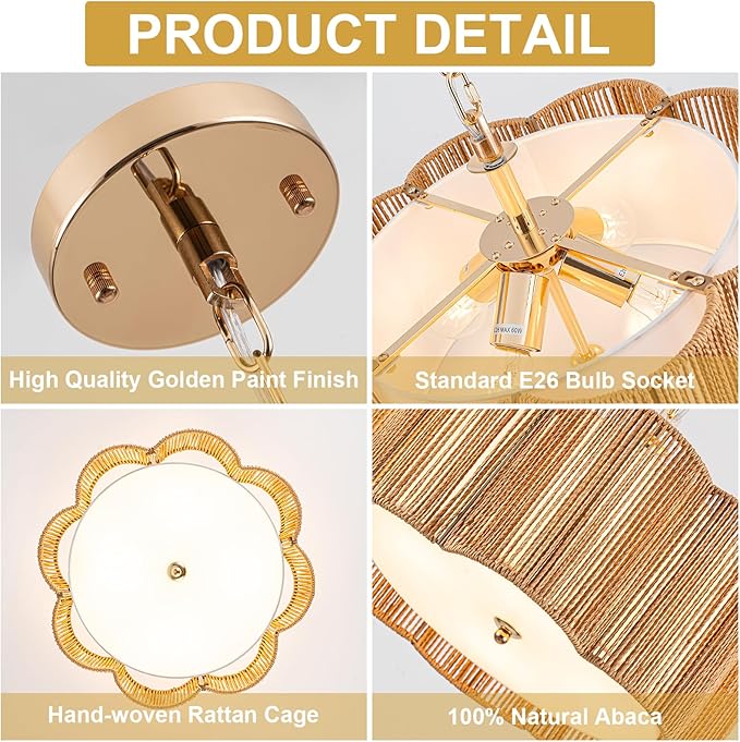 Plum Linear Weave Rattan Ceiling Light & Chandelier (16.5'' 4-Light) Flush Mount Flush E26 & 3D Woven Fireproof PC Panels for Scandinavian Dining Rooms & Modern Farmhouse Kitchen Islands