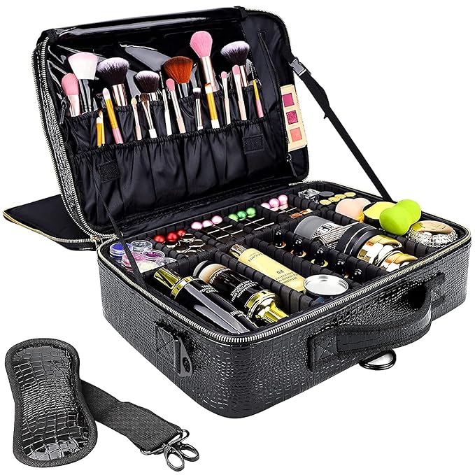 gzcz Large Capacity Travel Makeup Case Organizer,Professional Cosmetic Bags for Women,Waterproof PU Leather Makeup Bag with Adjustable Dividers and Shoulder Strap for Brushes and Jewelry