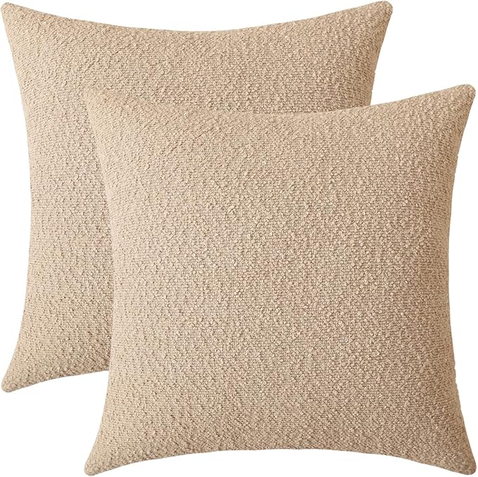 Jeneoo Khaki Decorative Square Thick Throw Pillow Covers Fine Textured Boucle Couch Cushion Cases for Sofa Decor, Set of 2, 18 x 18 Inch
