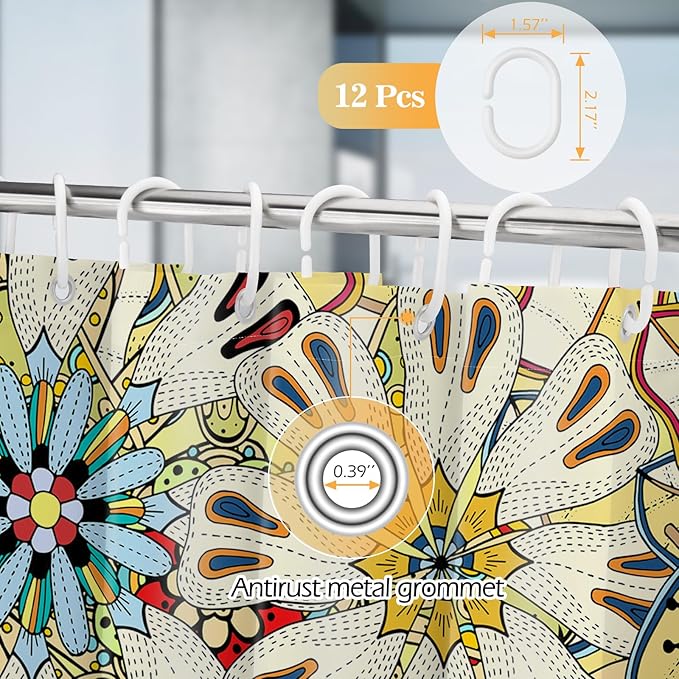 Aimego Long Boho Shower Curtain - Chic Floral Bohemian Mandala Gypsy Flowers Fabric Cloth Shower Curtain Set with 12 Hooks for Adults Bathroom Decor Accessories Bathtub Curtain, 72"x78"