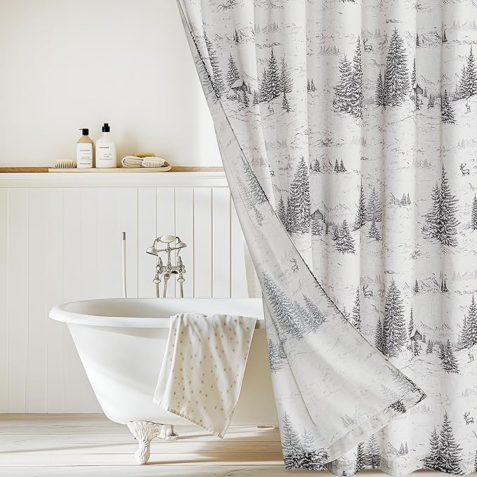 KGORGE Grey Forest Shower Curtain Liner for Bathroom, Linen Textured Semi Sheer Washable Quick Dry Privacy Screen Décor Modern Farmhouse Shower Curtain with 12 Hooks, W 72 x L 72, 1 Panel