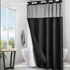 Black No Hook Double Shower Curtain Set with Snap in Liner,Heavy Duty Waffle Weave Textured Fabric Bathroom Curtains with See Through Window,Machine Washable & Waterproof,Hotel Qulity,71x72 Inch